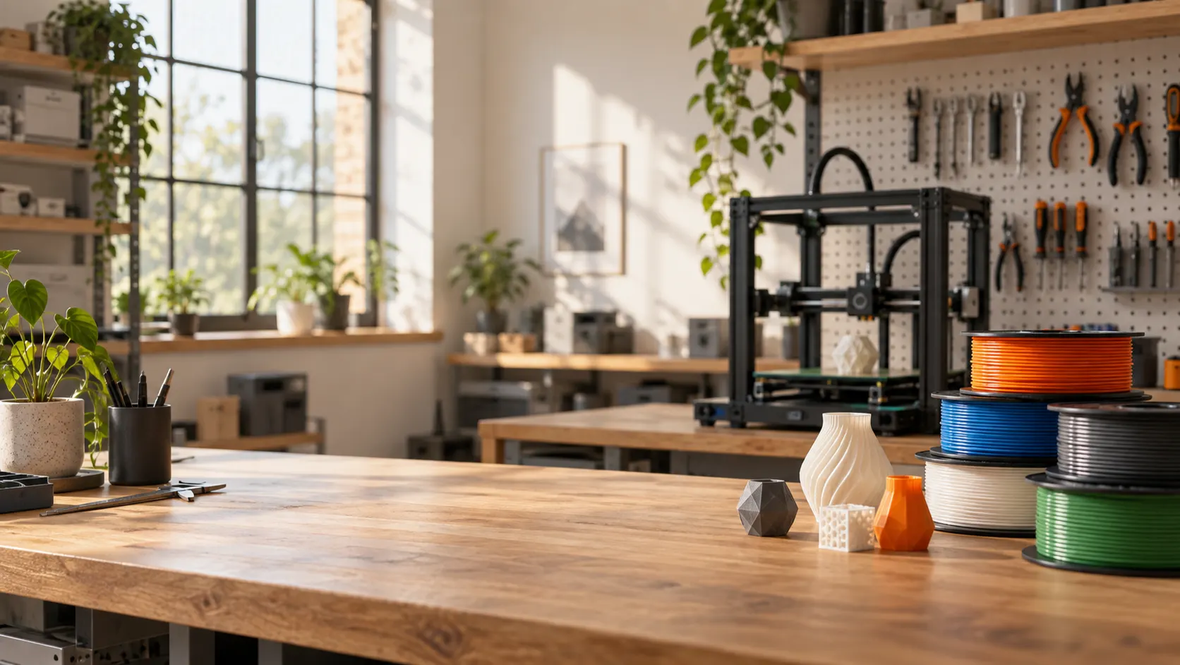 Illustrated workshop with a 3D printer, filament spools, and printed objects